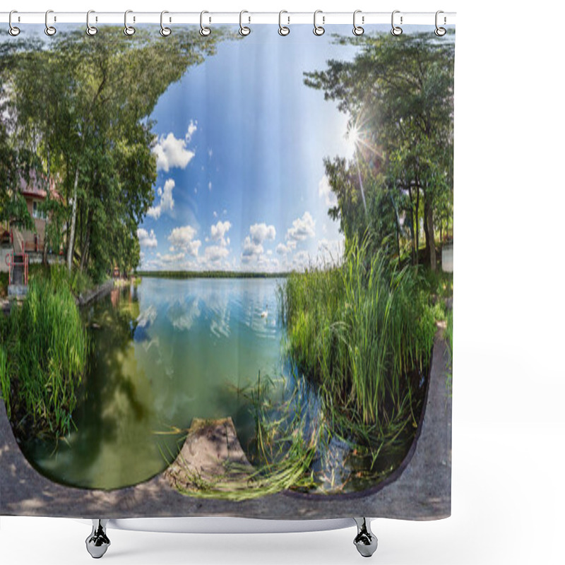 Personality  Full Seamless Spherical Hdri Panorama 360 Degrees  Angle View On Wooden Pier Of Huge Lake Or River In Sunny Summer Windy Day Among The Bushes Of Forest In Equirectangular Projection, VR Content Shower Curtains