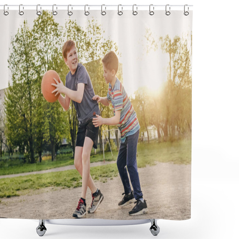 Personality  Two Happy Young Boys Playing Basketball Shower Curtains