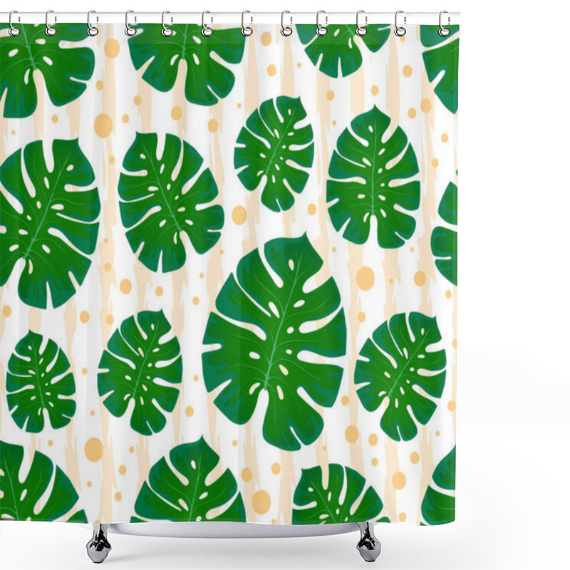 Personality  Monstera Seamless Pattern. Print With Leaves. Design Of Textiles And Fabrics. Trendy Palm Leaves On A Abstract Background. Tropical Plant Shower Curtains