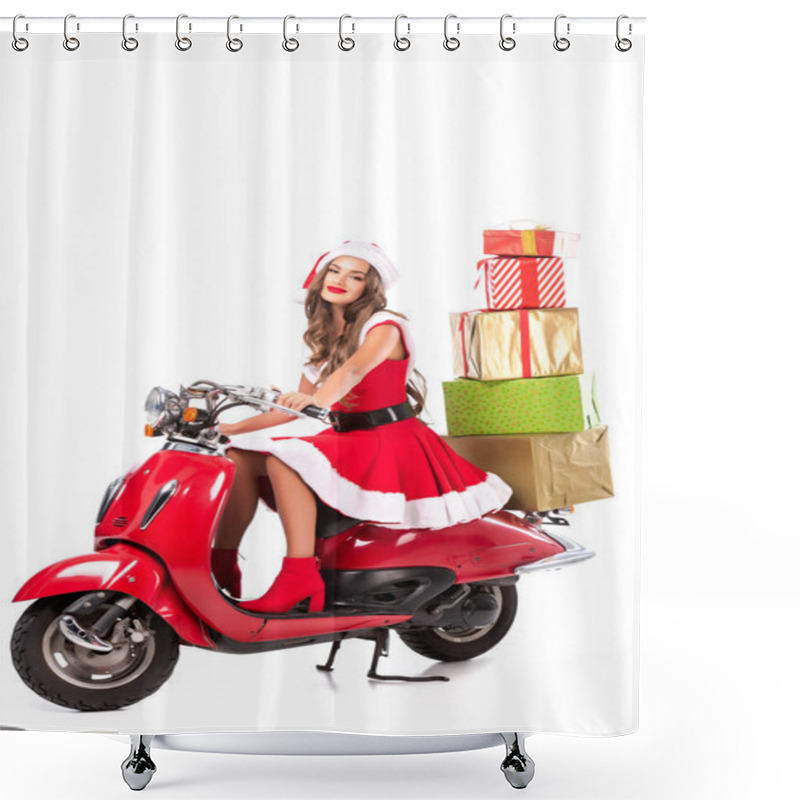 Personality  Happy Brunette Girl In Santa Costume Driving Red Scooter With Presents, Isolated On White Shower Curtains