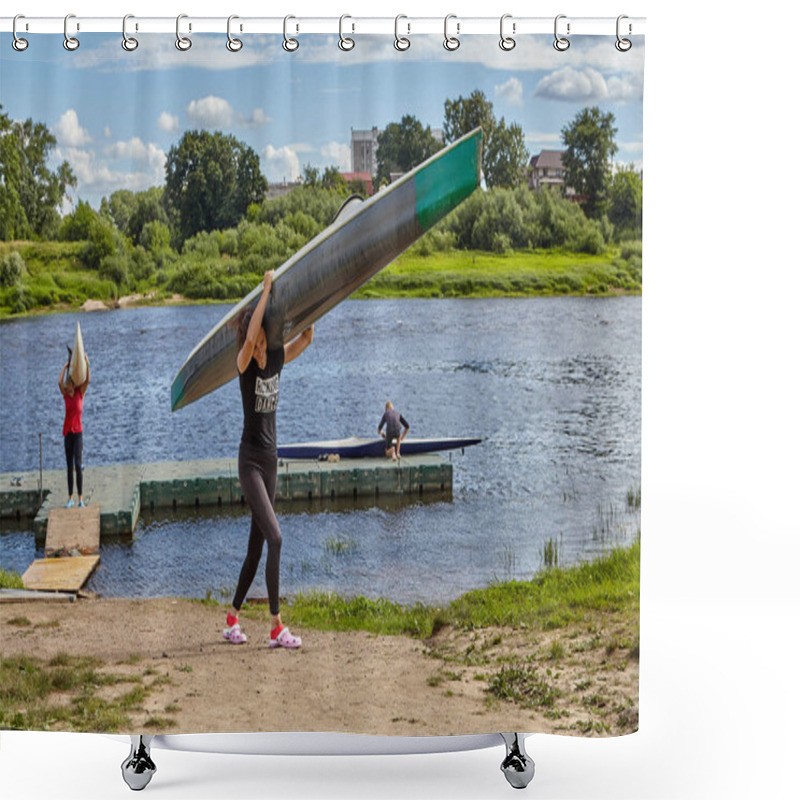 Personality  Polotsk, Belarus - July 6, 2018: Sportswomen Come Back From Sports Rowing Training And Bear Canoe On Shoulders. Shower Curtains