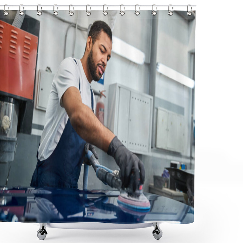 Personality  Handsome Young Mechanic Focuses On Polishing A Vehicle With Precision In A Busy Workshop. Shower Curtains