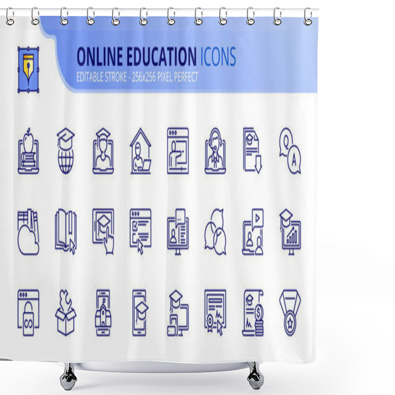 Personality  Outline Icons About Online Education. Contains Such Icons As E-learning, Video Tutorial, E-book, Training And Webinar.  Editable Stroke. Vector - 256x256 Pixel Perfect. Shower Curtains