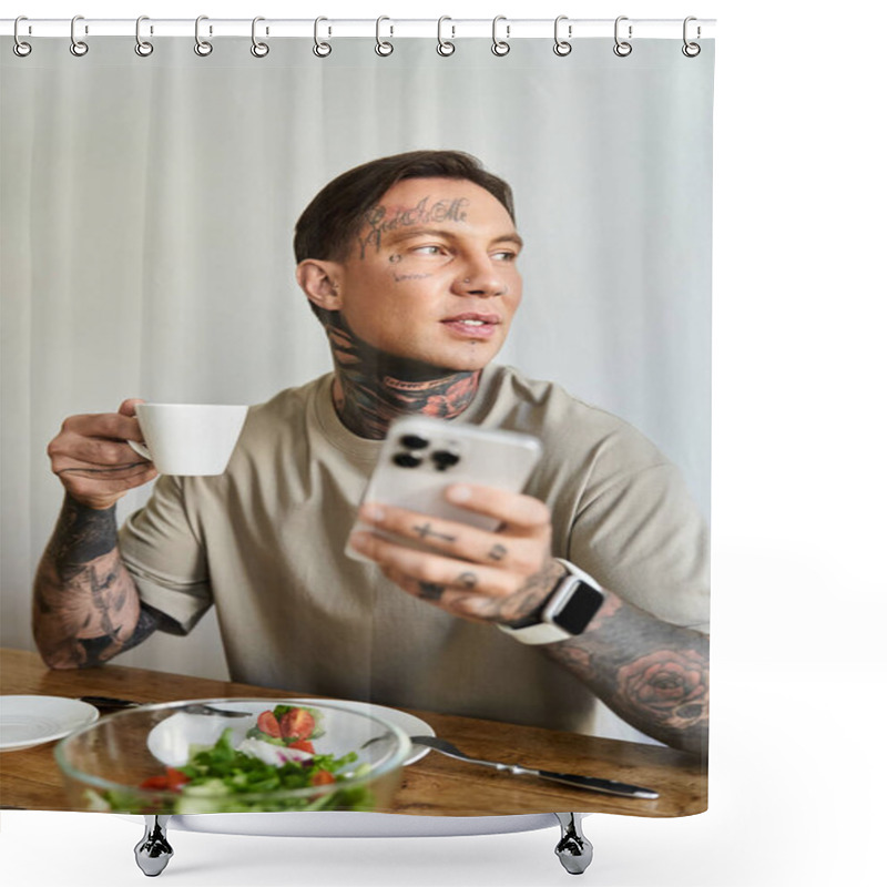 Personality  A Young Man Sips Coffee And Checks His Smartphone, Surrounded By A Fresh Salad At Home. Shower Curtains