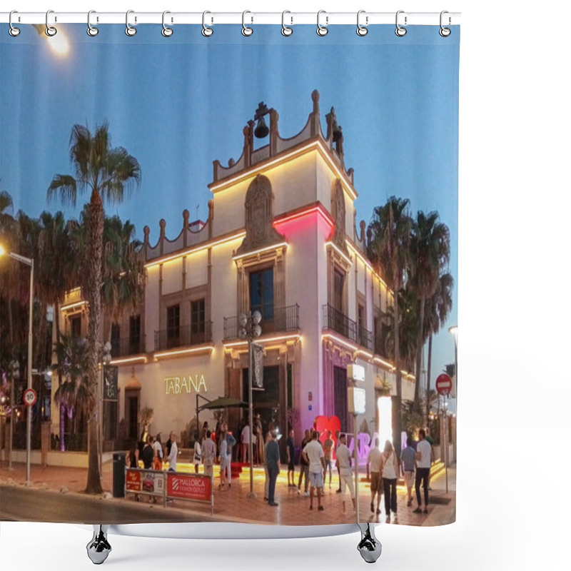 Personality  Palma De Mallorca, Spain; August 09 2024: Main Facade Of The Famous Tabana Restaurant, On The Beach Of Palma De Mallorca At Dusk With Tourists, One Summer Night Shower Curtains