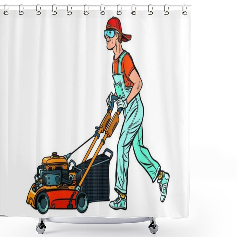 Personality  Lawn Mower Worker. Profession And Service. Isolate On White Background. Pop Art Retro Vector Illustration Vintage Kitsch Shower Curtains