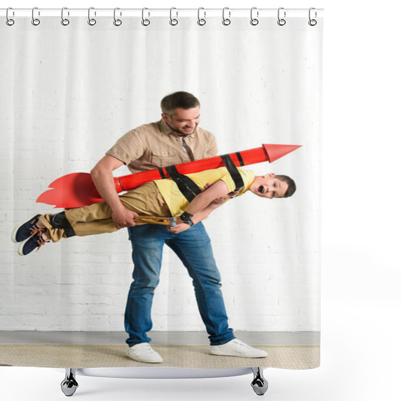 Personality  Father Holding Son With Toy Rocket On Back At Home Shower Curtains