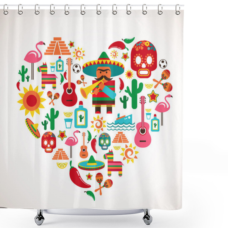 Personality  Mexico Love - Heart With Set Of Vector Icons Shower Curtains