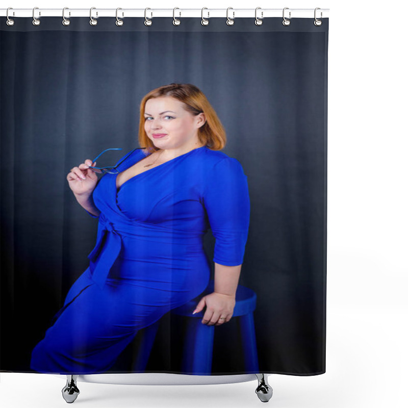 Personality  Beautiful Chubby Girl In Blue Elegant Dress On A Black Background. Sexy Plus Size Woman Shower Curtains