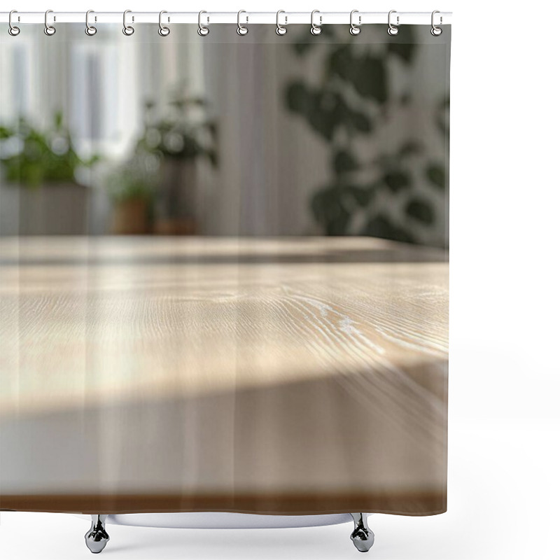 Personality  Close-up Of A Wooden Table With Plants Softly Blurred In The Background. Shower Curtains