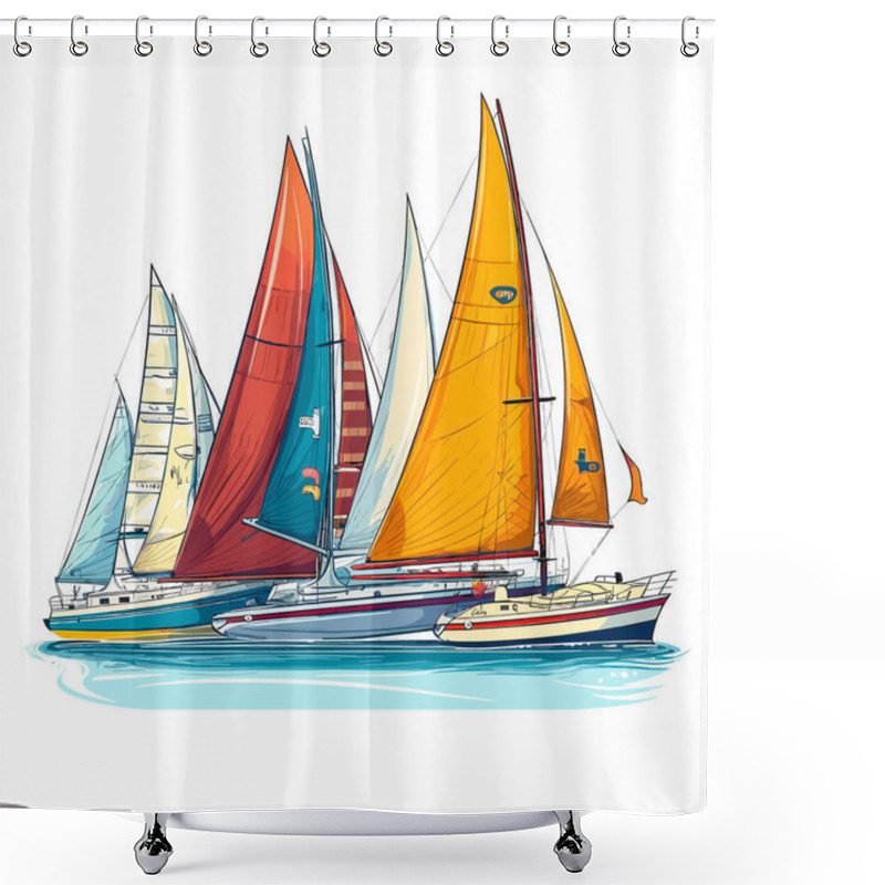 Personality  Sailboats At Sea. Yacht Club. Marine Dock. Cartoon Vector Illustration. Label, Sticker, T-shirt Printing Shower Curtains