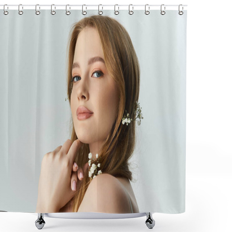 Personality  A Young Woman Gently Poses, Showcasing Blooms Entwined In Her Hair. Shower Curtains