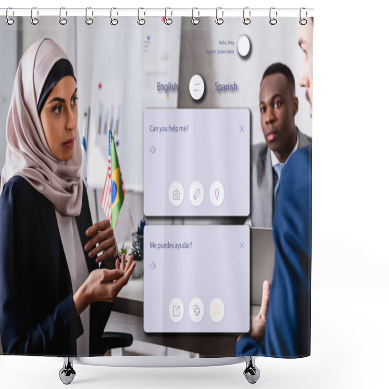 Personality  Arabian Businesswoman Gesturing While Talking To Interpreter Near African American Business Partner, Translation Application Interface Illustration Shower Curtains