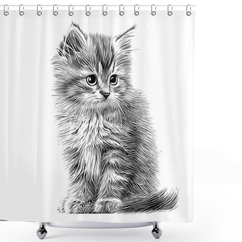 Personality  Small Fluffy Kitten Sketch Hand Drawn Engraved Style Vector Illustration.. Shower Curtains