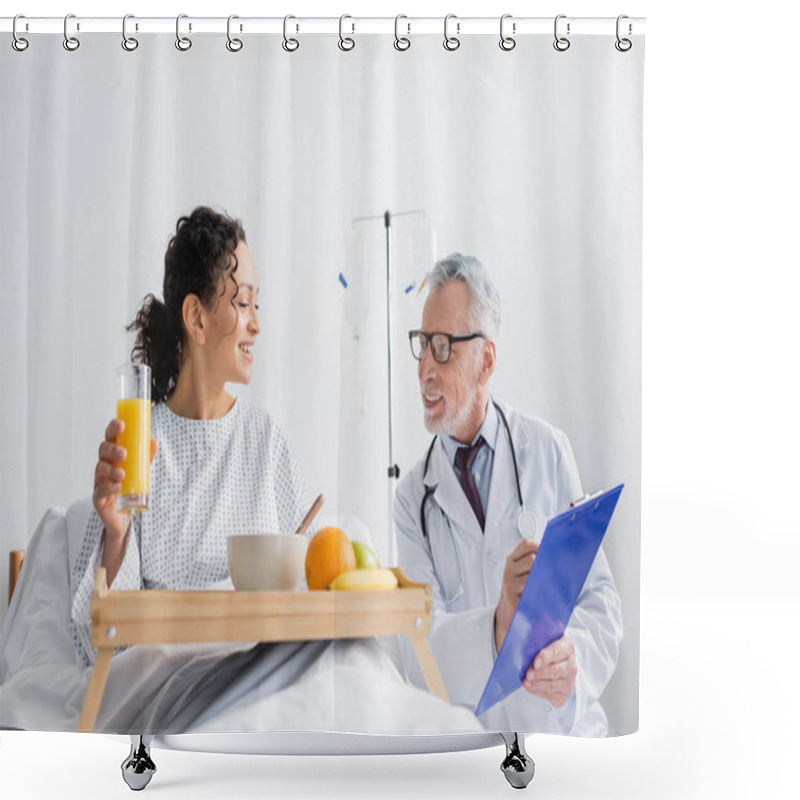 Personality  Smiling Doctor Showing Prescription To African American Woman During Breakfast In Clinic Shower Curtains