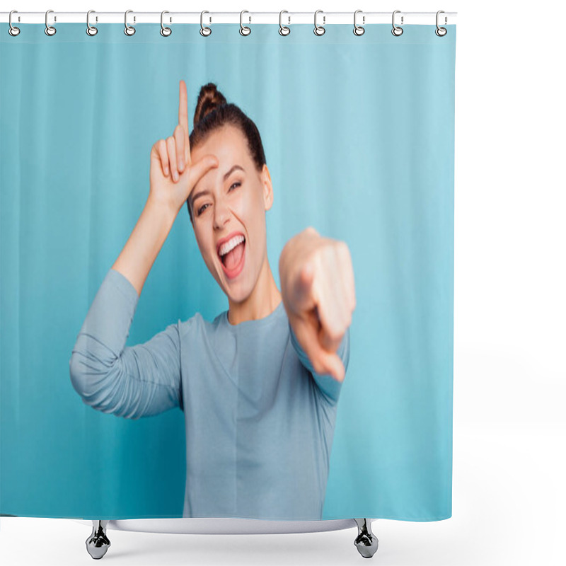 Personality  Close-up Portrait Of Her She Nice-looking Cute Attractive Lovely Cheerful Cheery Girl Laughing Pointing At You Isolated Over Bright Vivid Shine Turquoise Background Shower Curtains