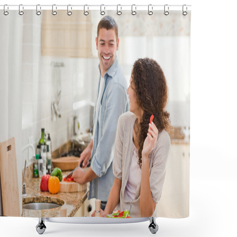 Personality  Beautiful Woman Looking At Her Husband Who Is Cooking Shower Curtains