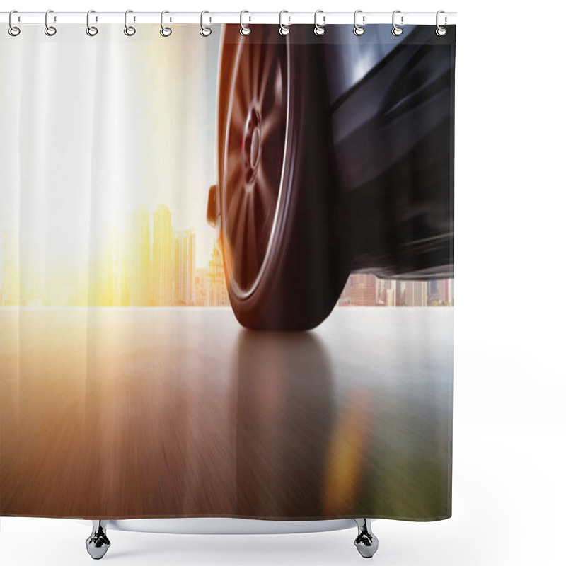 Personality  Low Angle Side View Of Car Driving Fast At Sunset With Motion Speed Effect . Shower Curtains