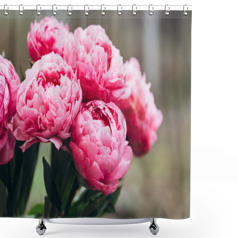 Personality  Pink Peony Flowers On A Blurred Background, Close-up. Peonies Blooming In The Garden, Macro Shot. Shower Curtains