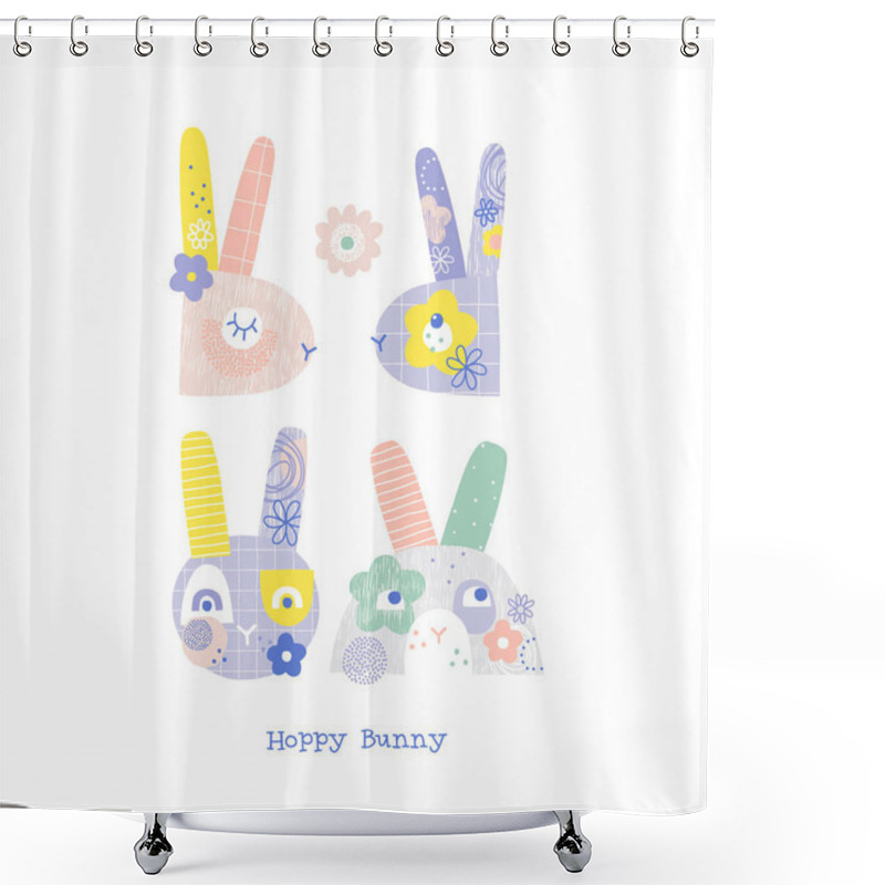 Personality  Cute Flourish Bunny Heads Vector Illustration Set Shower Curtains