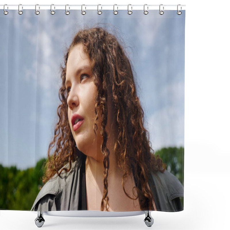 Personality  A Plus Size Woman Stands Gracefully In A Lush Field, Embracing The Beauty Of Nature. Shower Curtains