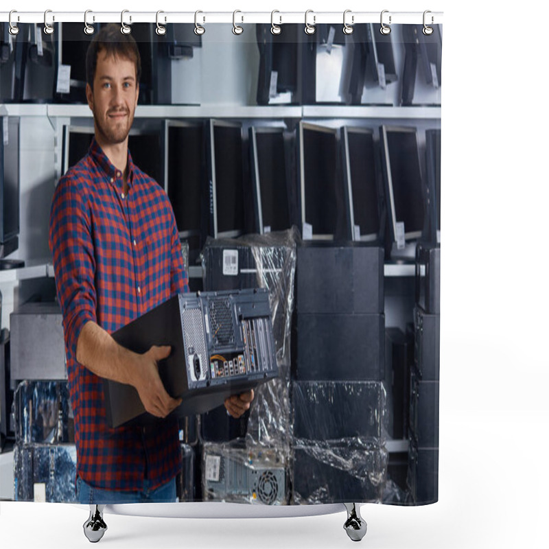 Personality  Computer Technician Engineer Holding A Broken Personal Computer. Shower Curtains