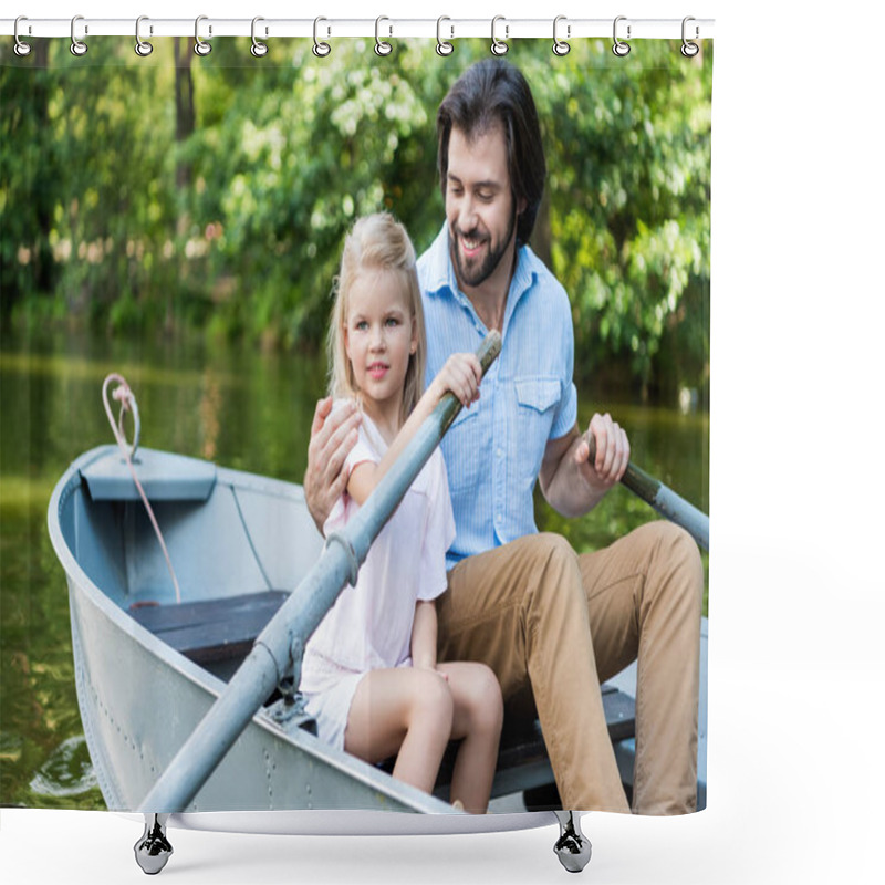 Personality  Happy Father And Daughter Riding Boat And Embracing On Lake At Park Shower Curtains