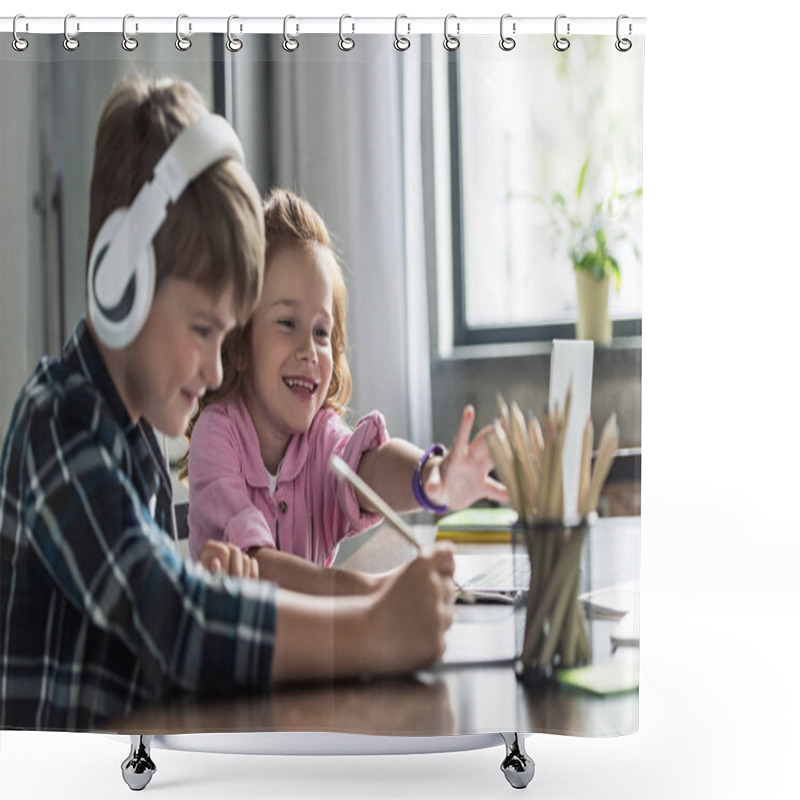 Personality  Side View Of Little Schoolboy Drawing While His Smiling Sister Trying To Reach For Pencils Shower Curtains