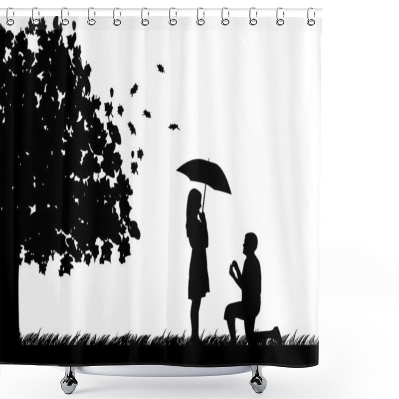 Personality  Romantic Proposal In Park Under The Tree Of A Man Proposing To A Woman While Standing On One Knee In Autumn Or Fall Silhouette Shower Curtains