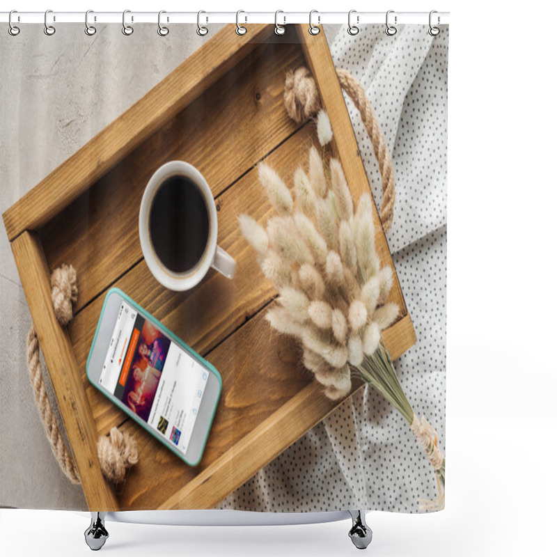 Personality  Top View Of Cup Of Coffee And Smartphone With Soundcloud Website On Screen On Tray With Lagurus Ovatus Bouquet On Concrete Surface Shower Curtains