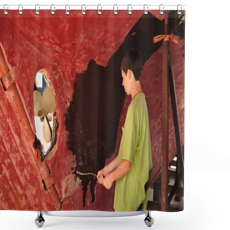 Personality  Teen Boy Painting Sailboat Hull With A Roller Shower Curtains