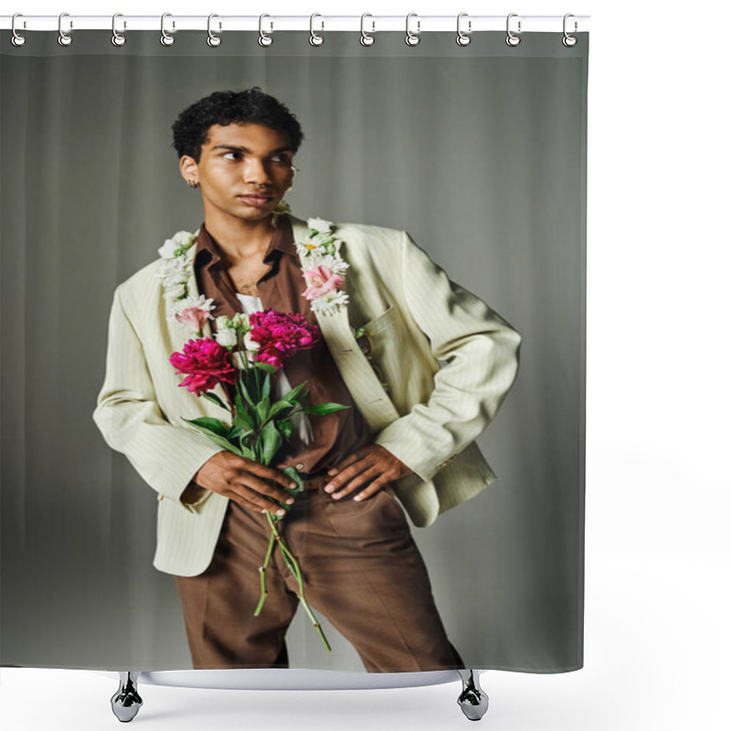 Personality  A Young Black Man Looks Stylish In A Cream Blazer, Brown Pants, Flower Garland, And Bouquet Of Pink Flowers. Shower Curtains