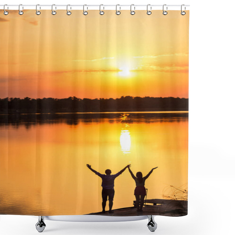 Personality  Couple In Love Back Light Silhouette At Lake Sunset Shower Curtains