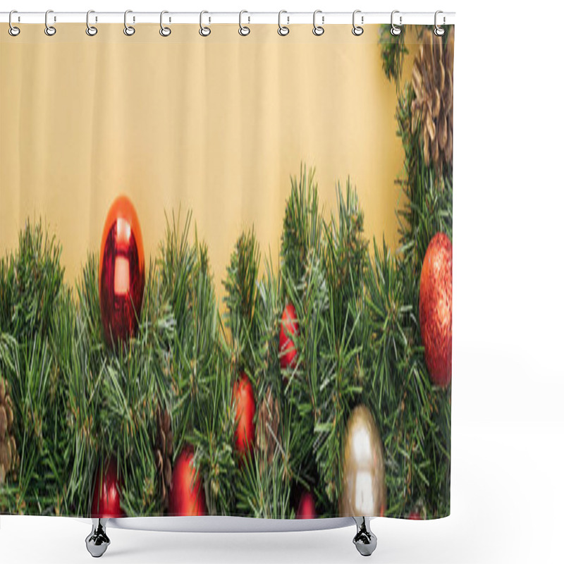 Personality  Top View Of Christmas Tree Branch With Red And Golden Baubles On Yellow Background, Panoramic Shot Shower Curtains