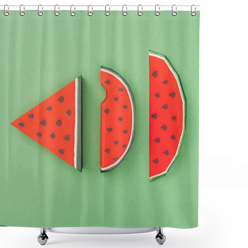 Personality  Top View Of Handmade Paper Watermelon Slices Isolated On Green Shower Curtains