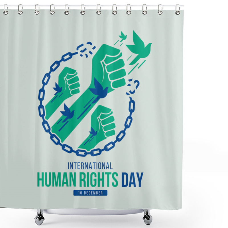 Personality  International Human Rights Day - Green Blue Hands Punched The Circular Ring Chain To Breaking And The Bird Flew Up Vector Design Shower Curtains