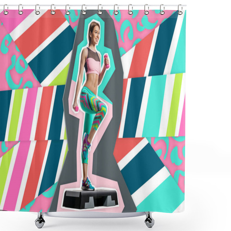 Personality  Close Up Sporty Woman  In Bright Sports Tights And Sneakers Engaged On Platform For Step On A Bright Pop Art Geometric Pink Background In The Music Style.Sports Concept On Topic Zine Culture. Shower Curtains