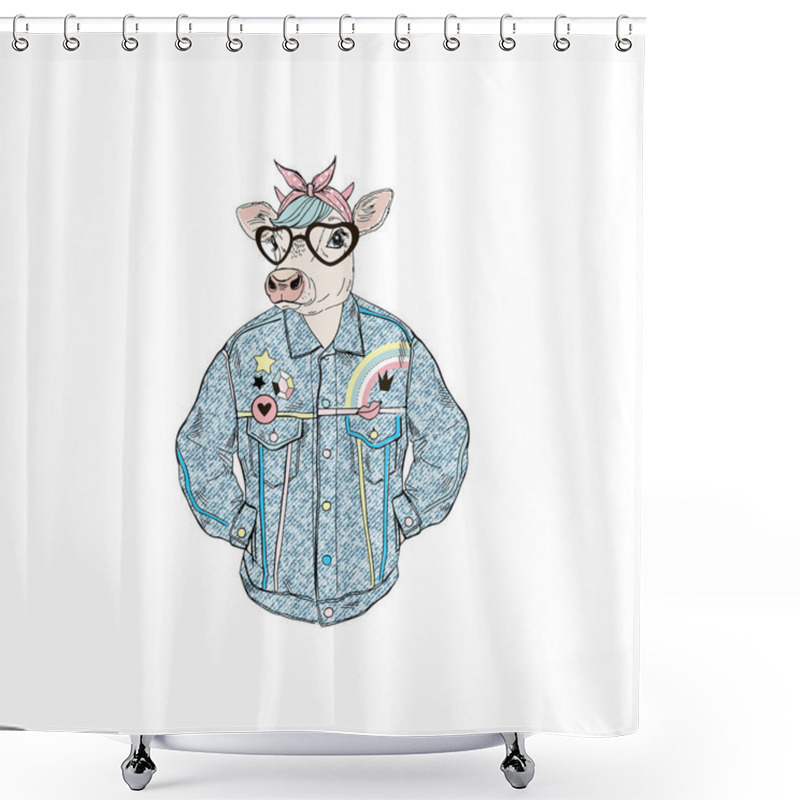 Personality  Cow Girl Dressed Up In Retro Denim Jacket, Anthropomorphic Animal Illustration Shower Curtains