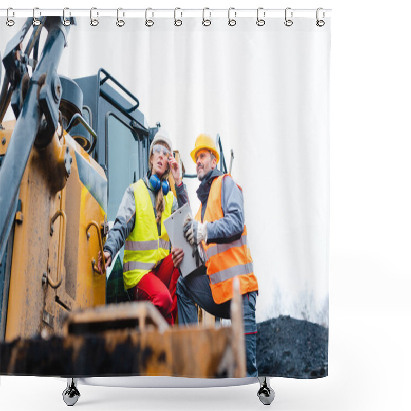 Personality  Woman And Man Worker In Quarry On Excavation Machine Shower Curtains