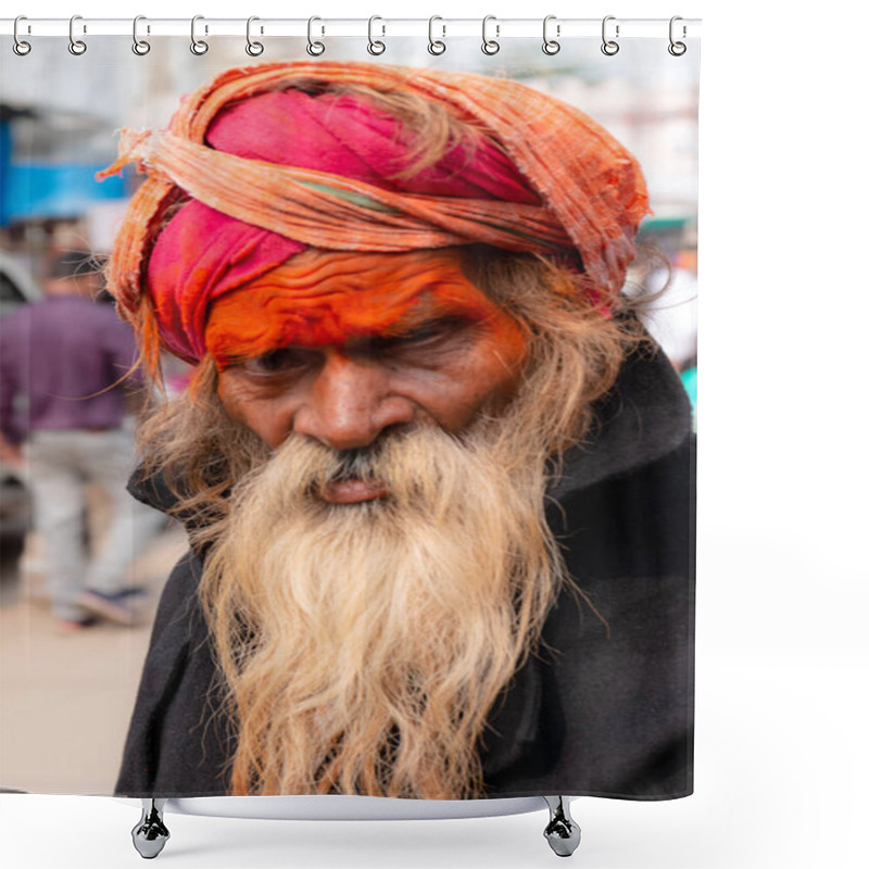 Personality  PUSHKAR, RAJASTHAN / INDIA - NOVEMBER 2019 : Portrait On Indian Sadhu Baba (Indian Monk) On The Streets Of Pushkar During Famous Pushkar Fair Shower Curtains