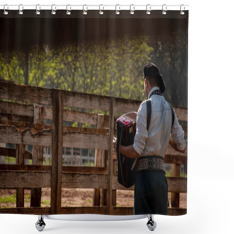 Personality  Gaucho Boy With Typical Costumes Playing The Harmonica Outdoors. Shower Curtains