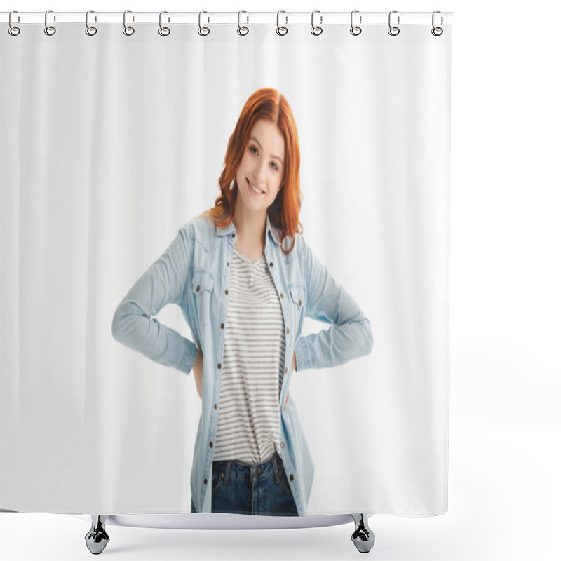 Personality  Beautiful Happy Redhead Teen Girl In Denim Clothes, Isolated On White Shower Curtains