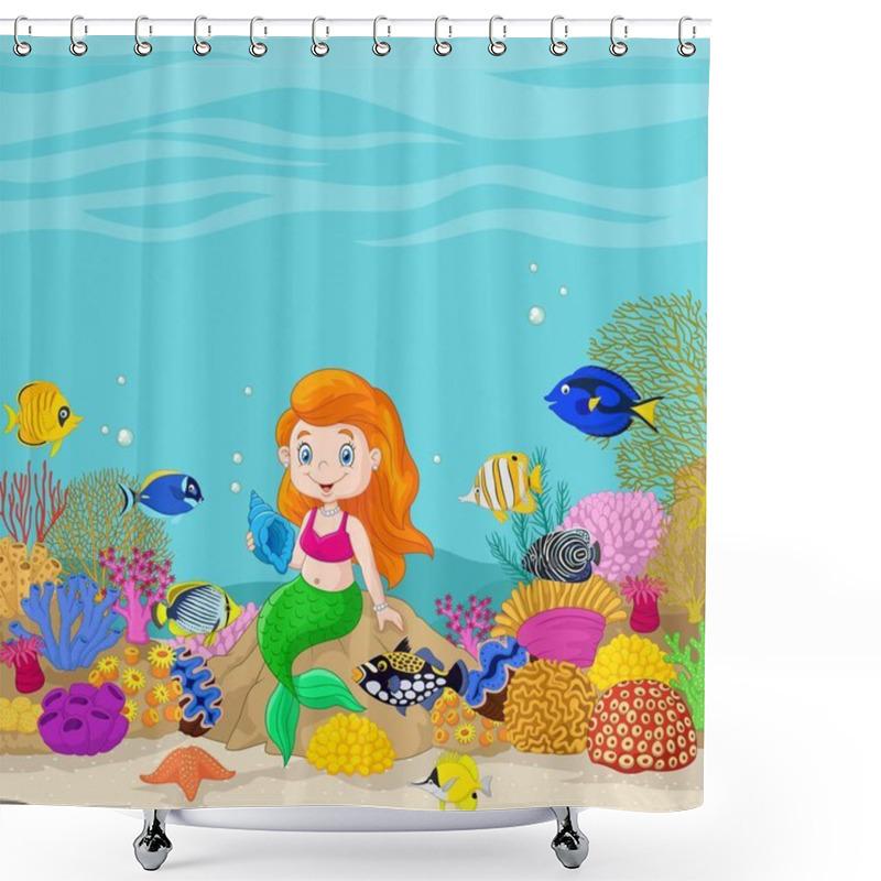 Personality  Cartoon Underwater World With Little Mermaid Holding Seashell Shower Curtains