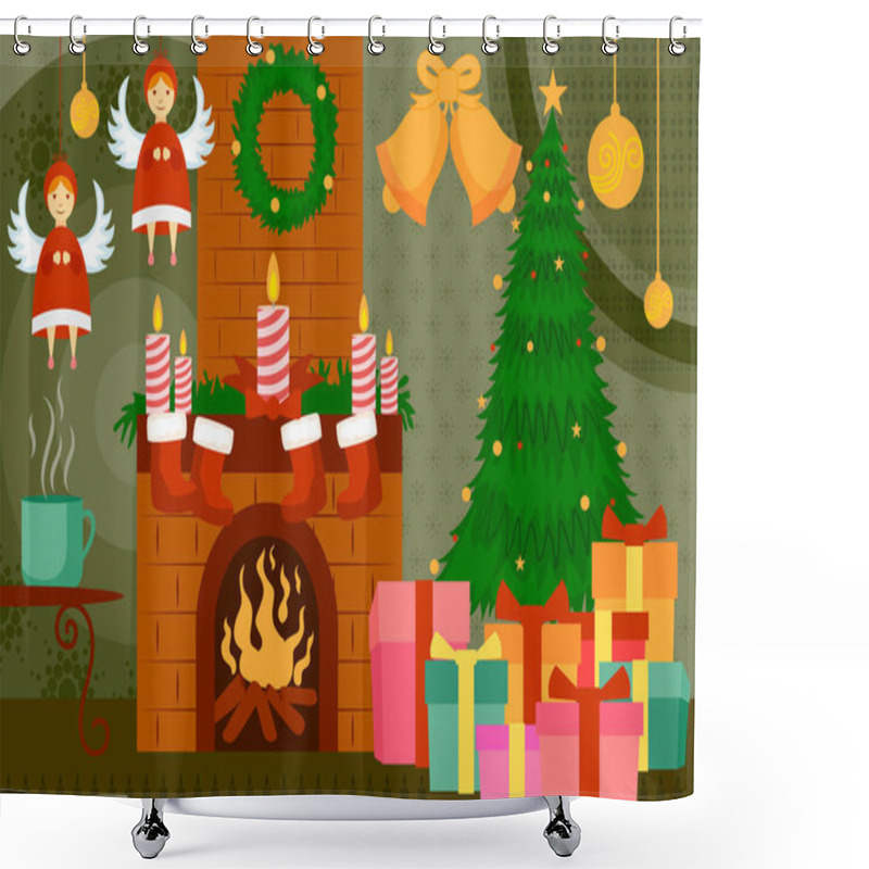 Personality  Fireplace Decorated For Christmas Night Shower Curtains