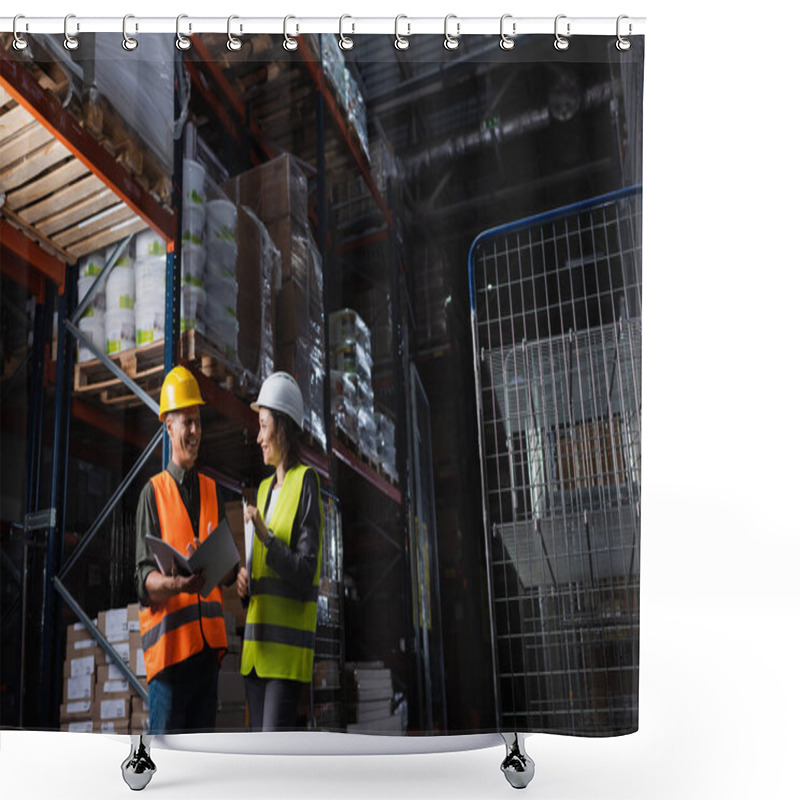 Personality  Happy Professionals In Hard Hats Talking In A Warehouse, Middle Aged Boss And Subordinate Shower Curtains