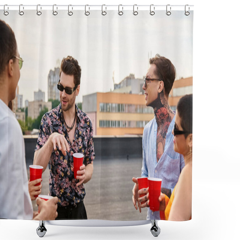 Personality  Good Looking Joyous Interracial Friends In Casual Attires Spending Time Together At Rooftop Party Shower Curtains