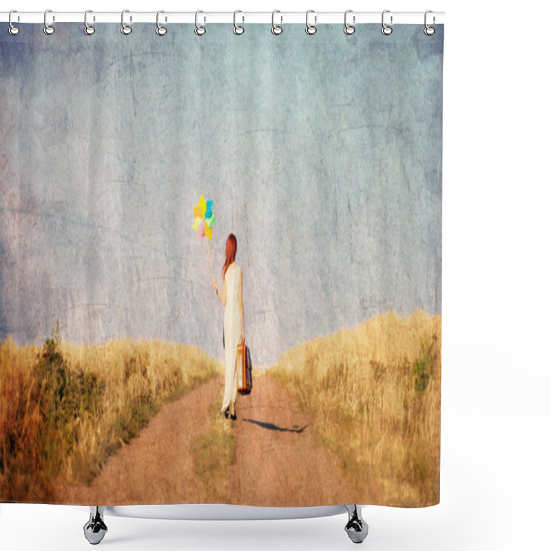 Personality  Girl With Suitcase And Wind Toy At Countryside Shower Curtains