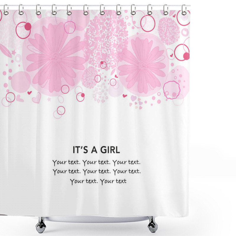 Personality  It's A Girl. Baby Shower Greeting Card With Daisy, Square, Dots, Hearts And Stars Greeting Card. Baby First Birthday, T-shirt, Baby Shower, Baby Gender Reveal Party Design Element Vector Shower Curtains