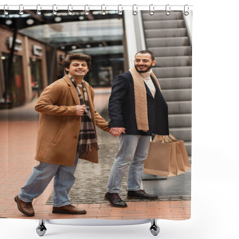 Personality  Gay Man In Beige Coat And Plaid Scarf Holding Hands With Smiling Bearded Boyfriend With Shopping Bags Near Escalator Shower Curtains