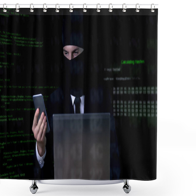 Personality  Criminal In Suit And Balaclava Breaking Security Code Using Laptop And Phone Shower Curtains